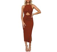 HUUSA Women's Sexy Sleeveless Cut Out Slim Bodycon Dress Crewneck Crisscross Twist Ruched Slit Ribbed Knit Tank Midi Dress, Burnt Orange, L