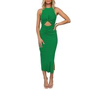HUUSA Women's Sexy Sleeveless Cut Out Slim Bodycon Dress Crewneck Crisscross Twist Ruched Slit Ribbed Knit Tank Midi Dress, Verdant Green, L