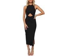HUUSA Women's Sexy Sleeveless Cut Out Slim Bodycon Dress Crewneck Crisscross Twist Ruched Slit Ribbed Knit Tank Midi Dress, Black, S