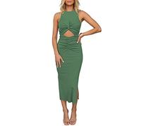 HUUSA Women's Sexy Sleeveless Hollow Out Slim Bodycon Dress Crewneck Crisscross Twist Ruched Slit Ribbed Knit Tank Midi Dress, Army Green, M