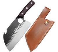 Huuskjpn Chef's Knife Japanese 7" Kitchen Knives Handmade Forged Finger Hole Chopping Meat Knife Full Tang High Carbon Steel Home and Outdoor Cooking Knife with Sheath and Ergonomic Wooden Handle