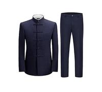 HUUTOE Mandarin Collar Suit for Men 2 Pieces Chinese Tunic Suits Formal Traditional Uniform for Wedding Festival, Z1-navy, 36