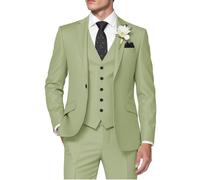 Huutoe Men’s 3-Piece Suit, Slim Fit for Work, Wedding, Prom - One-Button Blazer Jacket, Waistcoat, Trousers - Dinner Jacket, Light Green, M