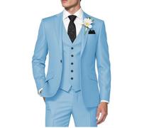 Huutoe Men’s 3-Piece Suit, Slim Fit for Work, Wedding, Prom - One-Button Blazer Jacket, Waistcoat, Trousers - Dinner Jacket, Sky blue, L