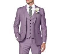 Huutoe Men’s 3-Piece Suit, Slim Fit for Work, Wedding, Prom - One-Button Blazer Jacket, Waistcoat, Trousers - Dinner Jacket, Lilac, XXL