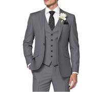 HUUTOE Men’s 3-Piece Suit, Slim Fit for Work, Wedding, Prom - One-Button Blazer Jacket, Waistcoat, Trousers - Dinner Jacket, Grey, XS