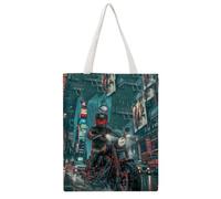 HUWERHW Storm Riders Rainy City Lightning Biker 01 Tote Bag Canvas Aesthetic Reusable Bags Shopping Grocery Shoulder Bag for Women Casual Handbag for Work Travel, 38x46CM