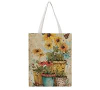 HUWERHW Watercolor Three Potted Flowers Colorful Butterfly 03 Tote Bag Canvas Aesthetic Reusable Bags Shopping Grocery Shoulder Bag for Women Casual Handbag for Work Travel, 38x46CM