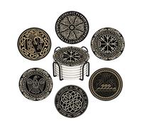HUXJOKO Coasters for Drinks Set of 6,Black Viking Magical Runic Absorbent Ceramic Coaster,Round Stone Mat,with Cork Base and Metal Holder for Coffee Table Room Bar Home Decor Housewarming Gifts