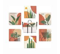 HUXJOKO Coasters for Drinks Set of 6,Modern Boho Tropical Leaves Absorbent Ceramic Coaster,Square Stone Mat,with Cork Base and Metal Holder for Coffee Table Room Bar Home Decor Housewarming Gifts