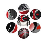 HUXJOKO Coasters for Drinks Set of 6,Modern Red Black Geometric Absorbent Ceramic Coaster,Round Stone Mat,with Cork Base and Metal Holder for Coffee Table Room Bar Home Decor Housewarming Gifts