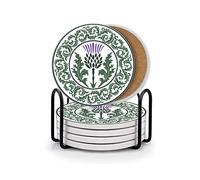 HUXJOKO Coasters for Drinks Set of 6,Thistle Flower Scottish Absorbent Ceramic Coaster,Round Stone Mat,with Cork Base and Metal Holder for Coffee Table Room Bar Home Decor Housewarming Gifts