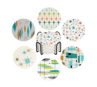 HUXJOKO Coasters for Drinks Set of 6,Vintage Mid Century Modern Design Absorbent Ceramic Coaster,Round Stone Mat,with Cork Base and Metal Holder for Coffee Table Room Bar Home Decor Housewarming Gifts