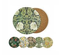 HUXJOKO Coasters for Drinks Set of 6,William Morris Floral Pattern Absorbent Ceramic Coaster,Round Stone Mat,with Cork Base and Metal Holder for Coffee Table Room Bar Home Decor Housewarming Gifts
