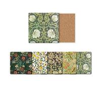 HUXJOKO Coasters for Drinks Set of 6,William Morris Floral Pattern Absorbent Ceramic Coaster,Square Stone Mat,with Cork Base and Metal Holder for Coffee Table Room Bar Home Decor Housewarming Gifts