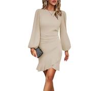 HUXRAKV Dresses for Women UK Elegant Cocktail Dresses Long Puff Sleeve Bodycon Ruffle Hem Ladies Evening Party Formal Business Dress,21-Apricot,XL