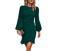 HUXRAKV Dresses for Women UK Elegant Cocktail Dresses Long Puff Sleeve Bodycon Ruffle Hem Ladies Evening Party Formal Business Dress,21-Green,XL