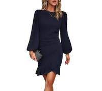 HUXRAKV Dresses for Women UK Elegant Cocktail Dresses Long Puff Sleeve Bodycon Ruffle Hem Ladies Evening Party Formal Business Dress,21-Navy Blue,XL