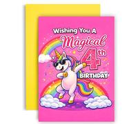 Huxters 4th Birthday Card - Cute Unicorn with Rainbow and Sunglasses Design - Bright Pink Magical Theme with Rainbow and Dancing Unicorn for Girls Daughter Niece (4th)