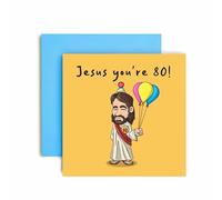 Huxters 80th Birthday Card for him - Funny Birthday Cards for Men - Funny Jesus Badge Happy Birthday Card for Dad Brother - Brother in Law - Grandad Grandpa Birthday - (80th)