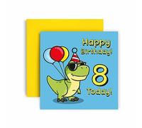 Huxters 8th Birthday Card - Dinosaur Birthday Cards for Boys - T Rex Dinosaur Happy Birthday Card - Birthday Card for Son or Daughter Brother Sister Friend Birthday Card Envelope (8th)