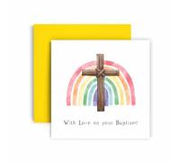 Huxters Baptism Card - Crucific Cross Rainbow Square Religious Card | First Communion Christening - Baptism - Christian - Confirmation | Blank Inside for Personalised Message Envelope Included
