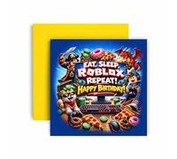 Huxters Birthday Card for Boys and Teens - Cool Gamer Computer Game Design - Eat, Sleep, Roblox, Repeat Fantasy Style