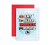 Huxters Birthday Card for Boys and Teens - Cool Gamer Pixel Burger Design - Eat, Sleep, Roblox, Repeat 8-bit Style