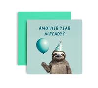 Huxters Birthday Card for Her - Card for Animal Lovers - Mint Style Sloth wearing a Party Hat - Another Year Older Already (Year)