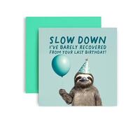 Huxters Birthday Card for Her - Card for Animal Lovers - Mint Style Sloth wearing a Party Hat - Slow Down, I've Barely Recovered from your Last Birthday (Recover)