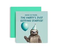 Huxters Birthday Card for Her - Card for Animal Lovers - Mint Style Sloth wearing a Party Hat - The Party's just getting Started (Hang in There)