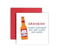 Huxters Birthday Cards for Men - Older Bud Wiser Grandson Birthday Card for him - Funny Fathers Day Card for Grandson Fun Happy Birthday - 14.8cm (Grandson)