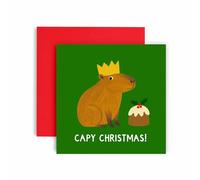 Huxters Capy Christmas Card - Cute Capybara with Crown & Pudding - Funny Animal Christmas Greeting for Daughter, Sister, Friend, Bestie, Niece, Auntie, Mum - Red Envelope (Christmas)