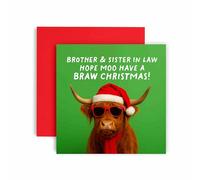 Huxters Christmas card for Brother and Sister in Law - Hope Moo Have a Braw Xmas Highland Cow Scottish Cards (Brother and Sister in Law)
