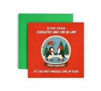 Huxters Christmas card for Daughter and Son-In-Law - Lovely Penguin Snow globe Illustrated Xmas Cards (Daughter and Son-In-Law)