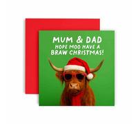 Huxters Christmas card for Mum and Dad - Hope Moo Have a Braw Xmas Highland Cow Scottish Cards (Mum and Dad)