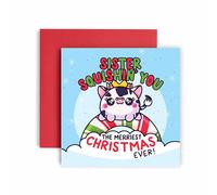 Huxters Christmas card for Sister Cow Squishin' Sister a Merry Christmas - cute xmas card 14.8cm (Cow Sister)