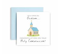 Huxters First Holy Communion Card for Godson - Chapel Design - Thoughtful Religious Greeting Card for a Special Milestone - 17 by 12cm (Godson)