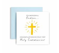 Huxters First Holy Communion Card for Godson - Floral Cross Design - Thoughtful Religious Greeting Card for a Special Milestone - 17 by 12cm (Godson)