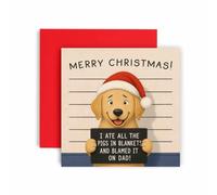 Huxters Funny Christmas Card for Dad - Dog Mugshot Design - I Ate All the Pigs in Blankets and Blamed It on Dad