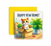 Huxters Funny New Home Card Congratulations on your New Home New Beginnings Cat in Cardboard box - 14.8cm (Cat in Box)