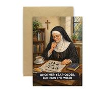 Huxters Funny Nun Birthday Card - “Another Year Older but Nun the Wiser” - Cheeky Religious Pun Card with Nun Illustration for Friend Sister Mum or Colleague