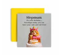 Huxters Funny Stepmum Happy Birthday Card - Cat Purrhaps have Cake and Eat it too - Gift Card for Her Card for Stepmum - 14.8cm (Stepmum)