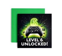 Huxters Gamer 6th Birthday card for Boy - Black Green Starting Level 6 Unlocked Controller Bday for Son Great Grandson Nephew Brother Happy Greetings - 14.8cm