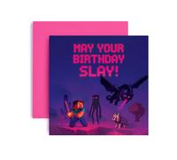 Huxters Gamer Teenager Birthday card for Boy - Mine Nether End World RealmEnderman Ender Dragon Bday for Son Great Grandson Nephew Brother Happy Greetings - 14.8cm (Slay)