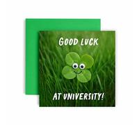 Huxters Good Luck at University Card - First Day Uni - Leaving Home Cards Fun 4 Leaf Clover Design - Son Daughter Grandson Granddaughter Nephew Niece (Uni Clover)