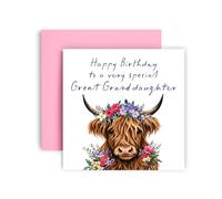 Huxters Great Granddaughter Birthday Card ‚ Highland Cow Floral Watercolour Design ‚ Elegant Illustration for Great Granddaughter, Thoughtful Gift from Great Grandma or Great Grandad
