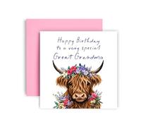 Huxters Great Grandma Birthday Card ‚ Highland Cow Floral Watercolour Design ‚ Elegant Illustration for Great Grandma - Thoughtful Gift from Great Granddaughter or Great Grandson