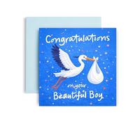 Huxters New Baby Boy Card - “Congratulations on Your Beautiful Girl” Cute Stork Design - Charming Birth Announcement Greeting for Parents Mum or Dad (Boy)