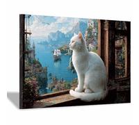 HUYEEI Animal Canvas Wall Art, Cat looking at the bay, posters & prints, Suitable for Living Room Bathroom Bedroom Home Wall Decoration(white)-50x70cm Framed